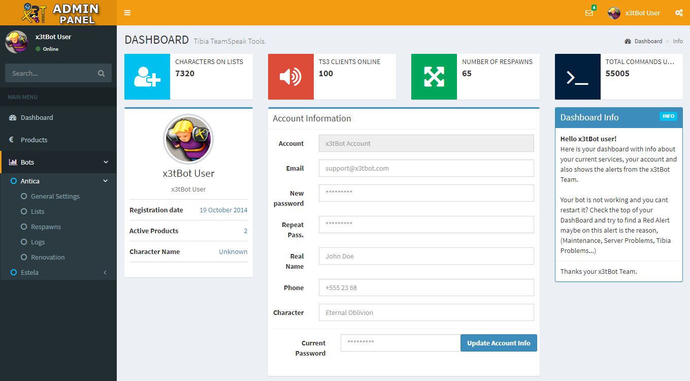 x3tBot Admin Panel Dashboard